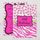 Roze witte Zebra Leopard 40th Birthday Party Kaart (Voorkant / Achterkant)