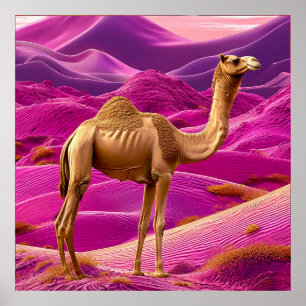 Roze Woestijn Kameel Zonsondergang Dromerige Zand Poster