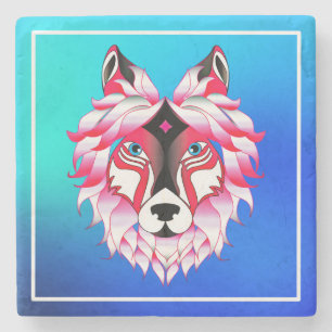 Roze Wolf Head Polygon Design-24531 Stenen Onderzetter
