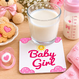 roze wolk babyshower voor meisje vierkante kartonnen onderzetter