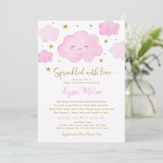 Roze wolk besprenkeld met liefde baby sprinkle kaart (Staand voorkant)