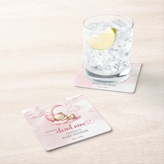 Roze wolk negen teddybeer meisje baby shower vierkante kartonnen onderzetter (Insitu)