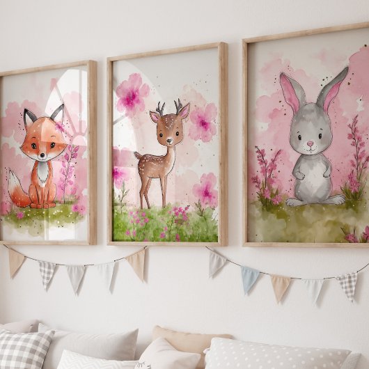 Roze Woodland kwekerij Art Print Set