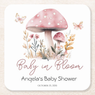 Roze Woodland Mushroom Baby shower Papier Onderzet Vierkante Kartonnen Onderzetter