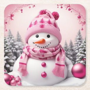 roze Xmas Sneeuwman Vierkante Kartonnen Onderzetter