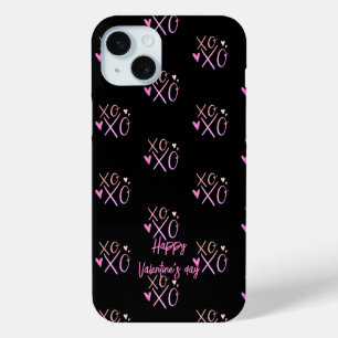 Roze "XOXO"Harten Fijne Valentijnsdag Zwart iPhone 15 Mini Hoesje