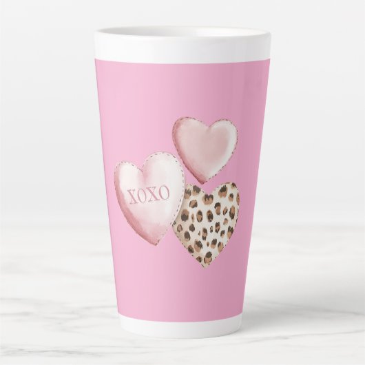 Roze XOXO Leopard Print Hearts Latte Mok (Voorkant)