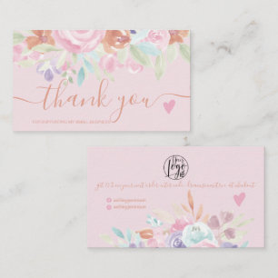 Roze zachte pastel bloemige waterverf orde dank u visitekaartje