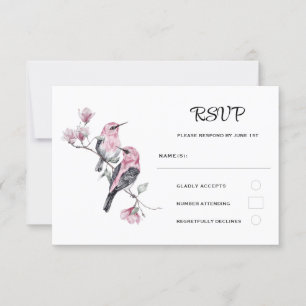 Roze zangvogels op een boomtak bruiloft RSVP kaartje