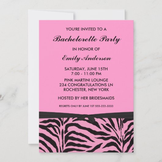 Roze Zebra Bachelorette Uitnodigingen (Voorkant)