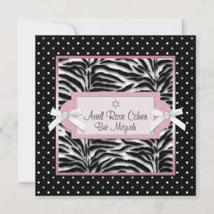 Roze zebra Bat Mitzvah uitnodigingen met polka sti