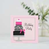 Roze Zebra Cake Cupcake Verjaardagsfeestje Uitnodi Kaart (Staand voorkant)