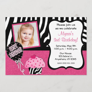 Roze Zebra Cupcake Girls Birthday Uitnodiging