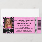 Roze Zebra Event Ticket Birthday Party Invitation Kaart (Voorkant / Achterkant)