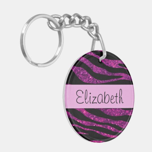 Roze Zebra, Glitter Zebra, Zebra Print, Jouw naam Sleutelhanger (Voorkant Links)