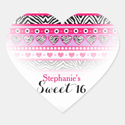 Roze zebra hart Sweet 16-feeststicker Hart Sticker (Voorkant)
