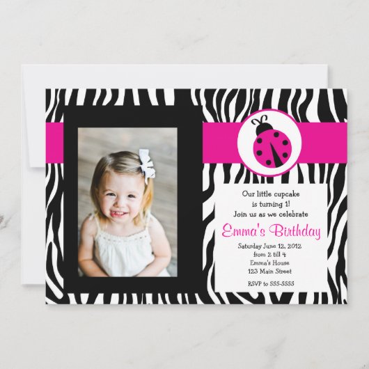 Roze Zebra Lady Bug Birthday Uitnodiging (Voorkant)