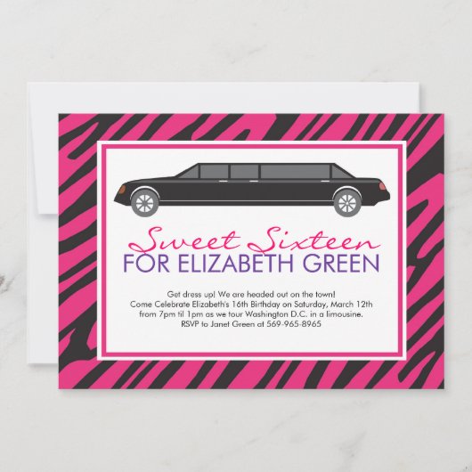 Roze Zebra Limousine Uitnodigingen (Voorkant)