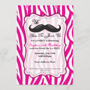 Roze Zebra Mustache Birthday Party Invitation! Kaart