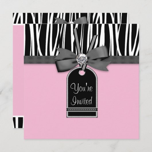 Roze Zebra Partij Uitnodiging Sjabloon (Voorkant / Achterkant)