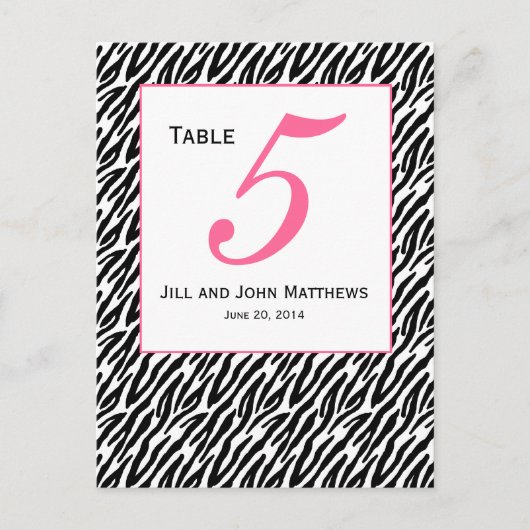 Roze Zebra Patroon Trouwtafel Nummer Kaart (Voorkant)