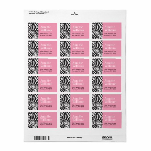 Roze & Zebra Print Adresetiketten Etiket (Full Sheet)