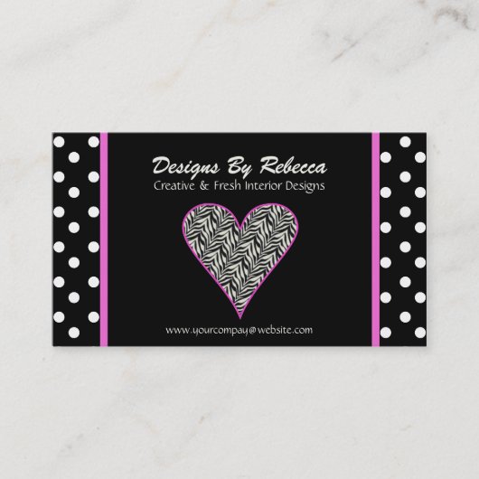 Roze Zebra Print Heart & Polka Dots Visitekaartje (Voorkant)