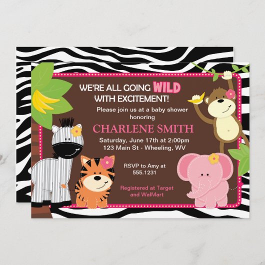 Roze Zebra Print Oerwoud Baby Shower Invitaties Kaart (Voorkant / Achterkant)