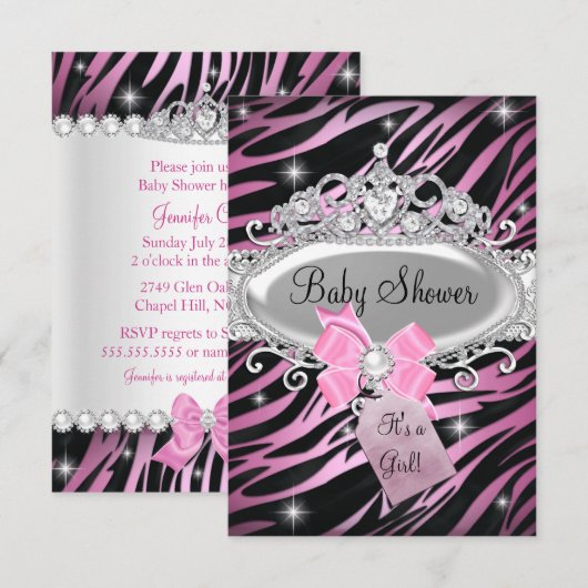 Roze Zebra Print & Princess Tiara Baby shower Kaart (Voorkant / Achterkant)