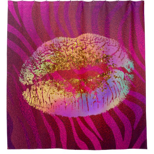 Roze zebra print regenbooggoud glitter lips kus douchegordijn (Voorkant)