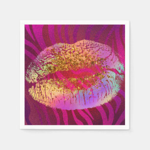Roze zebra print regenbooggouden litter lips servetten