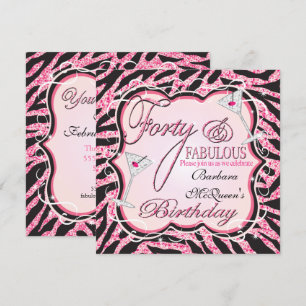Roze Zebra Sequin 40th Birthday Party Invitations Kaart