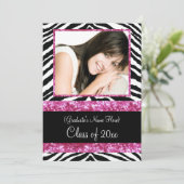 Roze Zebra Sparkle Girls Graduparty Kaart (Staand voorkant)