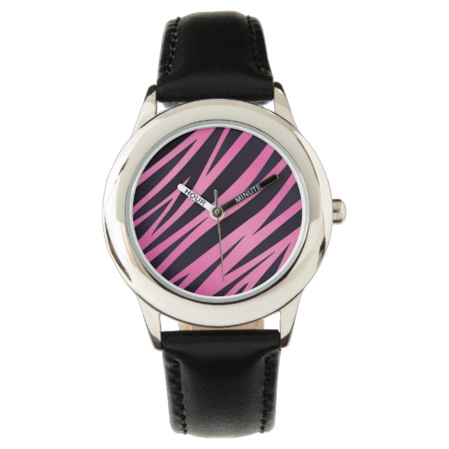 Roze Zebra Stripe Achtergrond Horloge (Voorkant)