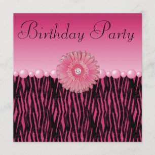 Roze Zebra Stripes Flower & Pearls Birthday Party Kaart
