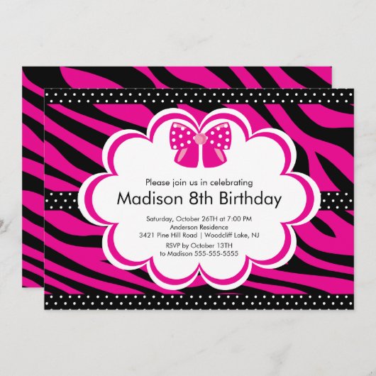 Roze Zebra Tween Birthday Party Invitation Kaart (Voorkant / Achterkant)