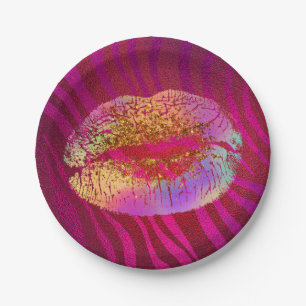 Roze zebradruk regenboog gouden glitter lippen par papieren bordje