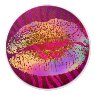 Roze zebraprint regenboog gouden glitters lippen k keramische knop