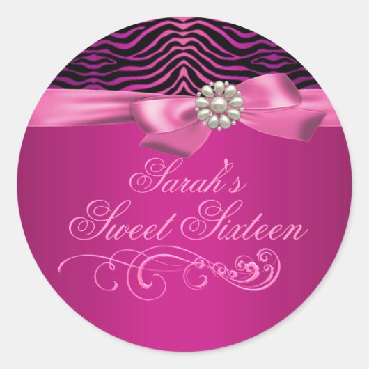 Roze zebraprint & strik zoete 16 envelop sticker (Voorkant)