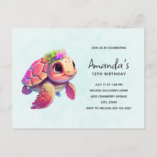 Roze Zee Turtle Whimsical & Leuke Verjaardag Uitnodiging Briefkaart (Voorkant)