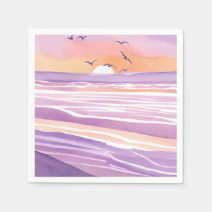 Roze zeeën   Aquarel zonsondergang oceaan golven Servet