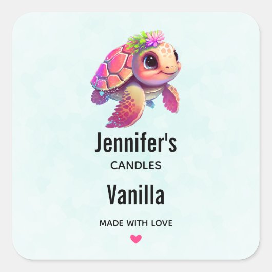 Roze Zeeen schildpad grillig & schattig - Candle B Vierkante Sticker (Voorkant)