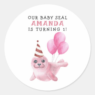 Roze Zeehond 1e Verjaardag Onder De Zee Ronde Sticker