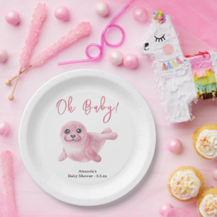 Roze Zeehond Baby Shower Papieren Bordje