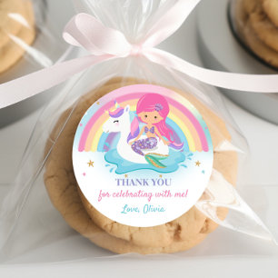 Roze Zeemeermin en Eenhoorn Zwembad Verjaardagsfee Ronde Sticker