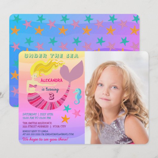 Roze Zeemeermin Foto Verjaardag Kaart (Voorkant / Achterkant)
