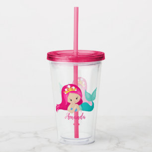 Roze Zeemeermin Gepersonaliseerd Kinder Kind Acryl Drinkbeker