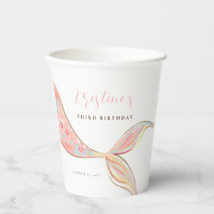 Roze Zeemeermin Staart Verjaardag Papier Cups Papieren Bekers