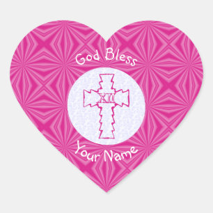 Roze Zig Zag Christelijk Kruis op Wit Roze Naam Hart Sticker