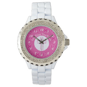 Roze Zig Zag Kruis op Wit en Helder Roze Horloge